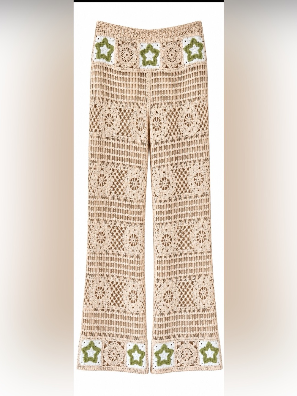 POL Starlace Crochet Star Flare Pants” in Natural/Indigo, One Size
